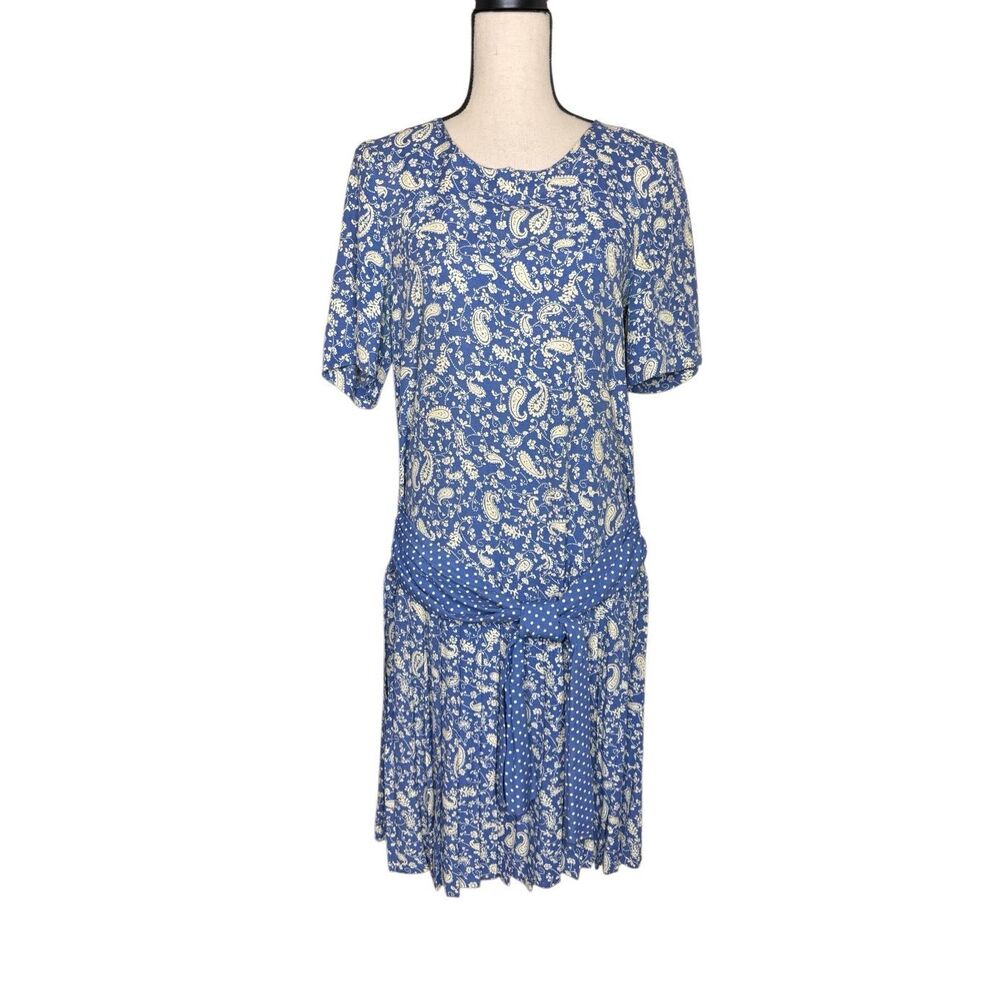 Vintage E.D. Michaels Dress Blue & White Paisley Dropped Waist Size MP 80’s/90’s